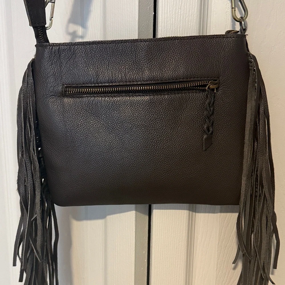 Brown& White Fringe Cowhide Crossbody Bag with Tassel - Picture 6 of 11